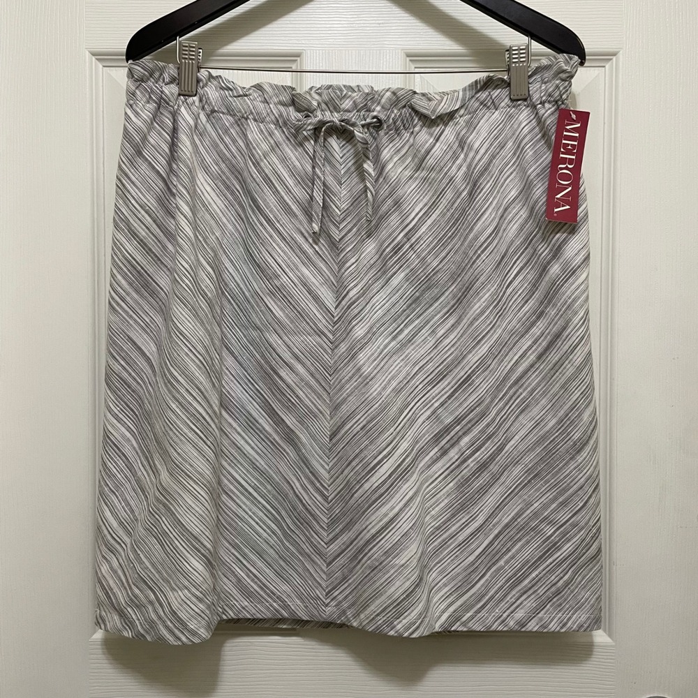 NEW Merona Striped Linen Blend Skirt Gray Elastic Drawstring Lined Knee Length L